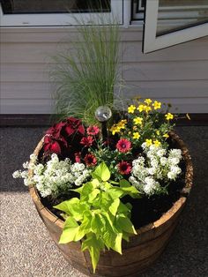 a basket filled with lots of flowers sitting on top of a cement floor next to a door