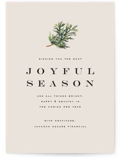 the joyful season holiday card is shown in black and white, with an evergreen branch on