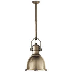 an antique style light fixture with a metal shade on the top and two lights hanging from it