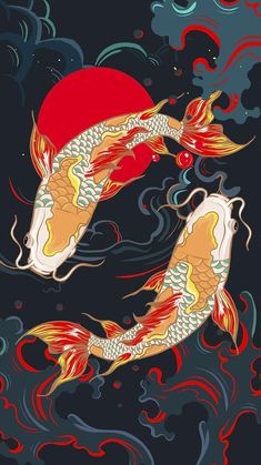 two koi fish are swimming in the water