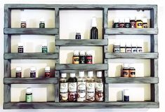 the shelves are filled with many different types of medicine bottles on them, and one shelf is made out of wood planks