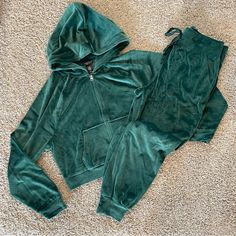 Victoria's Secret Velour Full-Zip Hoodie Jogger Set Deep Green Size Medium Brand New, No Tags Measurements In Photos Color: Deep Green Velvet Velour Rare Top: Full Zipper Sweatshirt Hood Relaxed Fit Pouch Pockets Slightly Cropped Hits At Hip Monogram Vs Logo Embroidery On Back "A Cozy-Cute Zip-Up Sweatshirt Taps Into Early-2000s-Tracksuit Vibes. Bonus Points For Pairing With The Matching Pants For Head-To-Toe Plushness." Vs Pants: High Rise Semi-Relaxed Fit Elastic Drawstring Waist With Satin Dr Green Hooded Tracksuit For Fall, Fitted Green Tracksuit For Winter, Fitted Green Winter Tracksuit, Hooded Green Tracksuit For Winter, Green Hooded Tracksuit For Loungewear, Victoria's Secret Hooded Hoodie For Fall, 2000s Tracksuit, Hoodie Jogger Set, Cute Lounge