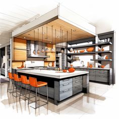 an artistic rendering of a kitchen with orange chairs