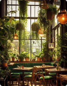 the interior of a restaurant with lots of plants