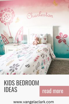 a child's bedroom decorated in pink and blue with the words, kids bed room ideas