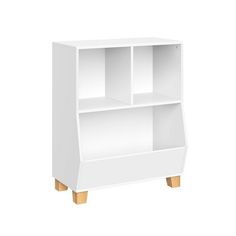 a white bookcase with three shelves on one side and two wooden legs in the other