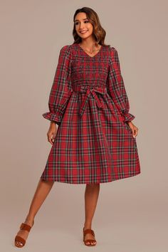 Fashion Gallery, Dress For Success, Red Pattern, Red Plaid, A Line Skirts, Smocking, Bodice, Midi Dress, Plaid