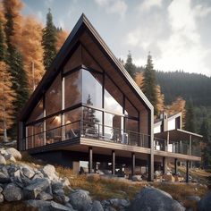 a house on the side of a mountain surrounded by rocks and trees with lots of windows