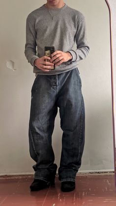 #fashion #ootd #outfits #outfitoftheday #baggy #sweater #aesthetic Grey Zip Up Outfit Men, Tight Long Sleeve Outfit, Dark Blue Baggy Jeans Outfit Men, Baggy Slacks Outfit, Baggy Sweater Aesthetic, Tight Shirt Baggy Pants, Baggy Fits Men, Grey Outfit Men, Baggy Pants Tight Shirt Outfit