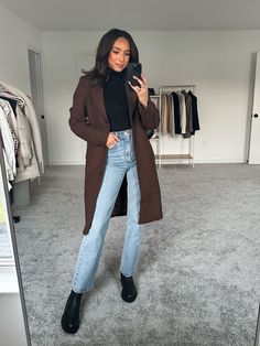 Brown Over Coat Outfit, 2023 Coat Outfit, Abercrombie Wool Coat, Brown Peacoat Womens Outfit, Brown Sweater With Jeans, Womens Overcoat Outfits, Abercrombie Bodysuit Outfit, Black And Chocolate Brown Outfit, Dark Brown Shacket Outfit