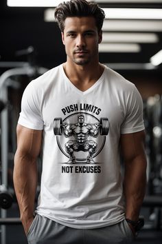 Elevate your gym sessions with our Limit Breaker Tee, designed to inspire and withstand the rigors of an intense workout. Emblazoned with a powerful 'Push Limits Not Excuses' graphic, this shirt is a call to action for anyone looking to push their boundaries. Check out the heavy cotton crewneck t-shirt with this design here: https://www.etsy.com/listing/1666579281/limit-breaker-tee-lifting-t-shirt-gym Bella+Canvas 3005, B&C TM044 Premium Unisex V-Neck T-shirts Sizing Information: - A size chart is provided in the photos section for the perfect fit. - These unisex sizes may not align with fitted women's sizing. For a snugger fit, consider going a size down. - To compare, measure one of your favorite tees from armpit to armpit while lying flat. Order Processing: Takes 2-5 business days. Make White Workout T-shirt With Logo Print, Athleisure Graphic Print T-shirt For Training, White Letter Print T-shirt For Training, White Sublimation Print T-shirt For Training, Gym Graphic Tee With Logo Print, Graphic Tee With Logo Print For Gym, White T-shirt With Sublimation Print For Training, Workout Short Sleeve T-shirt With Sublimation Print, Graphic Tee For Gym With Graphic Print