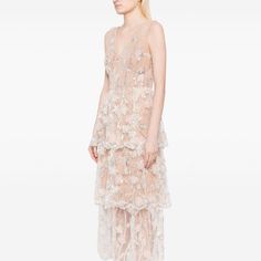 A Dreamy Aura Characterizes This Blush-Beige Midi Dress By Self-Portrait. Enveloped In Diaphanous Tulle, It's Cut To A V-Neck Bodice That Falls To A Triple-Tiered Skirt. Sequin Floral Embroidery In Silver Imbues It With A Radiant Quality. Neutral Summer Party Dress, Beige Sequin Dress For Gala, Sleeveless Neutral Party Dress, Neutral Sleeveless Party Dress, Neutral Sleeveless Dress For Party, Embellished Beige Gala Dress, Embellished Beige Dresses For Gala, Beige Embellished Dress For Gala, Neutral Evening Dress For Spring