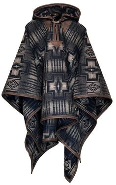 Our Riding Cloak in Pendleton®'s Harding in Black and Tan come with black leather trim, buffalo horn toggle. The design comes from Pendleton®'s classic Harding design. The specific pattern was created in honor of President Harding's trip out west to give special recognition to a portion of the Oregon Trial. Local chiefs presented Harding's wife with a shaw of this design and it's been a favorite of Pendleton®'s crew and customers ever since. Family owned for 150 years, Pendleton Mills weaves the Style Anglais, Boho Men, Hooded Cloak, Clint Eastwood, Boho Casual, Fantasy Clothing, Character Outfits, Cloak, Black Tan