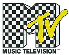 the logo for tv music television, with checkered background and yellow letters on it