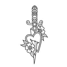 a drawing of a heart and dagger with flowers on the side, in black and white