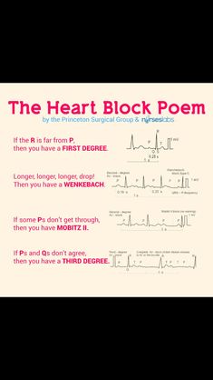 Heart blocks-- I pinned this in muscles because it has to do with the heart. This is very helpful and a great way to study. By making things rhyme, you can easily memorize something. This relates to our chapter because even though we aren't learning about heart blocks, it has to do with terminology for the heart. Nursing Mnemonics, Cardiac Nursing, Nursing School Survival, Heart Blocks, Critical Care Nursing, Nursing School Studying, Nursing School Tips, Nursing School Notes, Nursing Tips