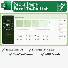 the brain dump excel to do list is shown in green and has instructions on how to use Excel Life Planner, Aesthetic Excel Spreadsheet, Task Tracker Excel, Excel To Do List, To Do List Excel, Excel Tracker, Tracker Aesthetic