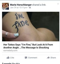 a woman with her tattoo saying i'm fine but look at it from another angle