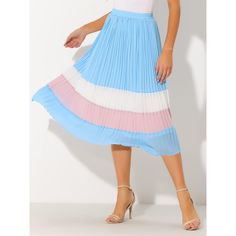 The pleated skirt features a high waist and A-line silhouette that accentuates your graceful figure, creating a golden section ratio. With its bold color blocking and pleated design, this chiffon midi skirt looks striking in motion and captivates even at a standstill. It has an elasticated waist for a very comfortable fit. Keep the summer vibes going with strappy sandals or heels! Fun and colorful, the color-block pleated skirt from Allegra K will brighten up your days. Chic Blue Accordion Pleated Skirt, Chic Blue Skirt With Accordion Pleats, Blue Pleated Midi-length Skirt, Summer A-line Skirt With Accordion Pleats, Blue Flowy Midi Pleated Skirt, Blue Midi-length Pleated Skirt, Blue Flowy Midi-length Pleated Skirt, Blue Midi Skirt With Accordion Pleats, Blue Flared Chiffon Skirt