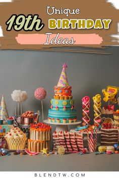 a table topped with lots of cakes and cupcakes next to a sign that says, unique birthday ideas