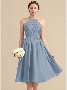 a - line / princess halter knee - length chiffon bridesmaid dress with ruffle