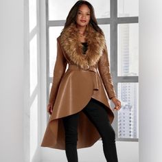 Especially Yours New Beautiful Camel Color Faux Jacket. Short On Front With Drop Down Train In Back. Fur Is Detachable. It Came Folded In The Package. Only Needs Flatting Out. Definitely A Runway Look. Note: The Coat Will Come Folded As It’s In The Original Shipping Bag. Winter Faux Leather Outerwear With Faux Fur Trim, Fitted Long Coat In Faux Leather, Fitted Long Faux Leather Coat, Fitted Faux Leather Long Coat, Winter Workwear Faux Leather Jacket, Faux Leather Outerwear For Winter, Faux Leather Outerwear For Cold Winter Weather, Faux Leather Outerwear With Faux Fur Lining, Faux Leather Jacket With Faux Fur Trim For Fall