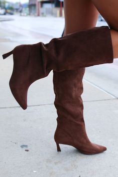 A suede boot is the ultimate must have for fall! In a dark brown suede, these boots feature a 2 inch kitten heel & a slightly slouchy look that hit just below the knee. *fit true to size Dark Brown Suede Boots, Brown Kitten, Kitten Heel Boots, 2024 Outfits, Brown Suede Boots, Suede Boots Knee High, Crazy Shoes, Heel Boots, Kitten Heel