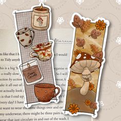 two bookmarks with coffee and mushrooms on them, one has a cup of tea