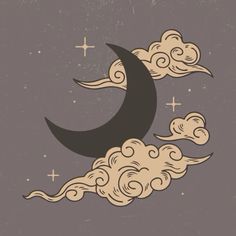 the moon and clouds are flying in the night sky with stars above it, vintage style illustration