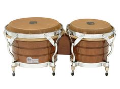 two wooden drums sitting side by side on casteors with leather tops and metal straps