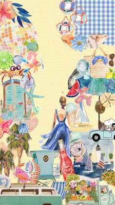 a collage of various items including an old vw bus, umbrellas and flowers