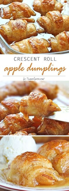 an apple dumpling with ice cream and cinnamon on the side is shown in three different pictures