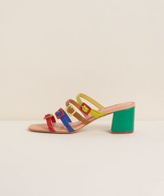 Mireille Low Heel Sandal, Kingston Multi Mismatch Multicolor Leather Heels With Buckle Closure, Multicolor Open Heel Heels With Buckle Closure, Low Heel Block Heels With Buckle Closure, Statement Sandals, Low Heel Sandals, Statement Shoe, Leather Slides, Strappy Sandals, Strap Sandals