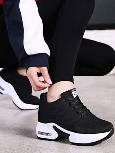 Black and White Sporty    Plain Wedge Sneakers    Women Shoes Summer Trainers, Height Insoles, Plateau Sneaker, Casual Wedges, Women Platform Shoes, Shoes Teen, Walking Shoes Women, Breathable Sneakers, Mua Sắm