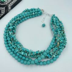 "WARNING The necklace contains small parts. Not for children under six years old. This Blue Turquoise Necklace is completely handmade with high quality. It can be worn with everything and everywhere, at a holiday party or after work with friends! Necklace length is 17-17.5\" long plus 3 inch extender chain for adjustment. Matching earrings are BONUS! Made of Chips Dyed Natural Turquoise 8x5 mm and round 10 mm beads. The necklace exactly as shown on the images. - silver plated finding - clasp is Chunky Turquoise Necklace, Turquoise Stone Jewelry, Turquoise Necklaces, Blue Turquoise Necklace, Large Bead Necklace, Howlite Necklace, Turquoise Choker, Blue Stone Necklace, Turquoise Statement Necklace