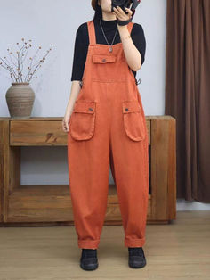 Style:	Street Material:	Denim Pattern:	Solid Color Length:	Full Length Decoration:	Pocket Closure Type:	Pullover Silhouette:	Loose Gender:	Female Season:	Spring/Fall  #overalls #orange #dungarees #jeans Orange Dungarees, Women In Overalls, Farm Overalls, Orange Overalls, Comfy Overalls, Fall Overalls, Overalls For Women, Black Grapes, Denim Pattern