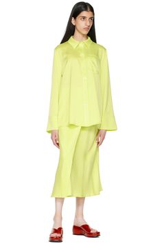 Stine Goya: Green Summer Shirt | SSENSE Spring Satin Shirt With Button Closure, Collared Satin Blouse For Daywear, Satin Collared Blouse For Daywear, Spring Satin Blouse With Button Closure, Satin Button-up Blouse For Daywear, Summer Satin Blouse With Button Closure, Spring Satin Blouse For Workwear, Spring Satin Shirt For Work, Casual Satin Shirt For Spring