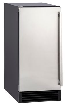 a stainless steel refrigerator freezer with an ice maker on the front and bottom panel