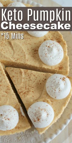 keto pumpkin cheesecake with marshmallows on top and text overlay