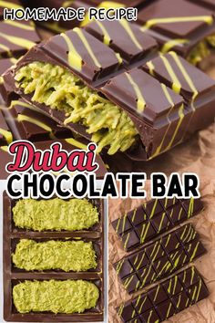 chocolate bars with green toppings and the words dubai chocolate bar