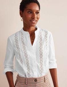 Classic Blouses For Women, Classic Blouses, Boden Uk, Ticking Stripe, You Know It, Women Shirts Blouse, Lace Panelled, Poplin Shirt, Lace Blouse