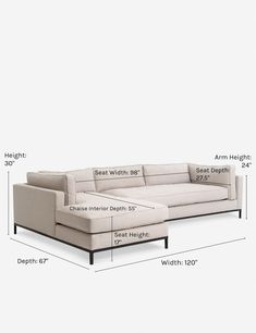 the sectional sofa is shown with measurements for each seat and back section, along with an ottoman