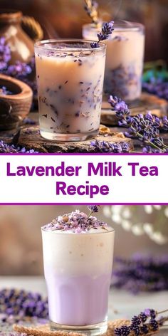 lavender milk tea recipe with lavender flowers in the background