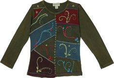 Italian Olive Green Full Sleeve Boho Top with Patchwork | Tunic-Shirt | Green | Patchwork, Stonewash, Junior-Petite, XL-Plus, Fall, Bohemian Multicolor Long Sleeve Top With Floral Patchwork, Multicolor Floral Patchwork Long Sleeve Top, Green Patchwork Tops For Spring, Green Patchwork Crew Neck Top, Spring Green Patchwork Tops, Green Crew Neck Top With Patchwork, Green Cotton Patchwork Top, Cotton Top For Fall Festival, Bohemian Cotton Tops For Fall