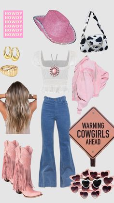 a collage of pink and white accessories including cowboy hats, jeans, bras