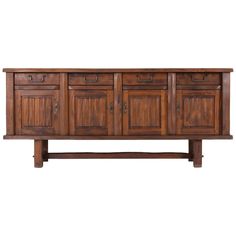 an old wooden sideboard with four doors and two drawers on the bottom, against a white background