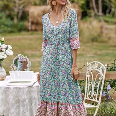 Women Dress Fitted Boho Dress For Spring Garden Party, Fitted Boho Dress For Spring, Elegant Boho Midi Dress For Spring, Fitted Boho Dress For Spring Brunch, Fitted Boho Dress With Floral Print For Garden Party, Fitted Boho Midi Dress With Floral Print, Fitted Boho Dress With Floral Print For Spring, Spring Boho Knee-length Dress, Spring Boho Midi Dress For Garden Party