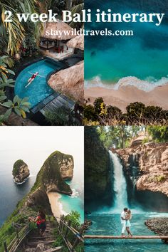 some people are swimming in the water and one is standing on a wooden dock near a waterfall