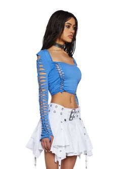 to cast your aura within. This long sleeve crop top has a stretch jersey construction, slashed cut-out designs all over, and a square neckline. Current Mood Clothing, Cutout Crop Top, Kpop Couples, Blue Crop Tops, Boho Fall, Current Mood, Cut Out Design, Winter Clothes, Kpop Outfits