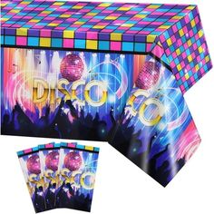 disco themed table cloths and placemats are on display in front of a white background